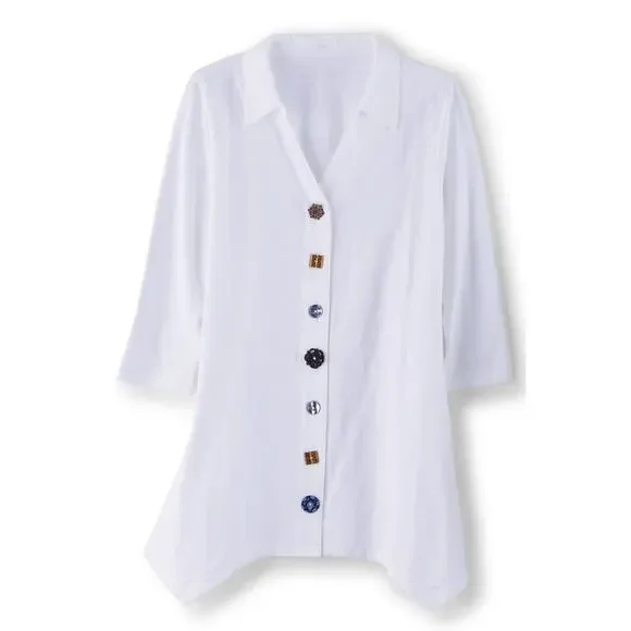 NWOT Soft Surroundings Danielle Button Top Tunic S Asymmetrical Hem 3/4 Sleeves - Picture 2 of 8